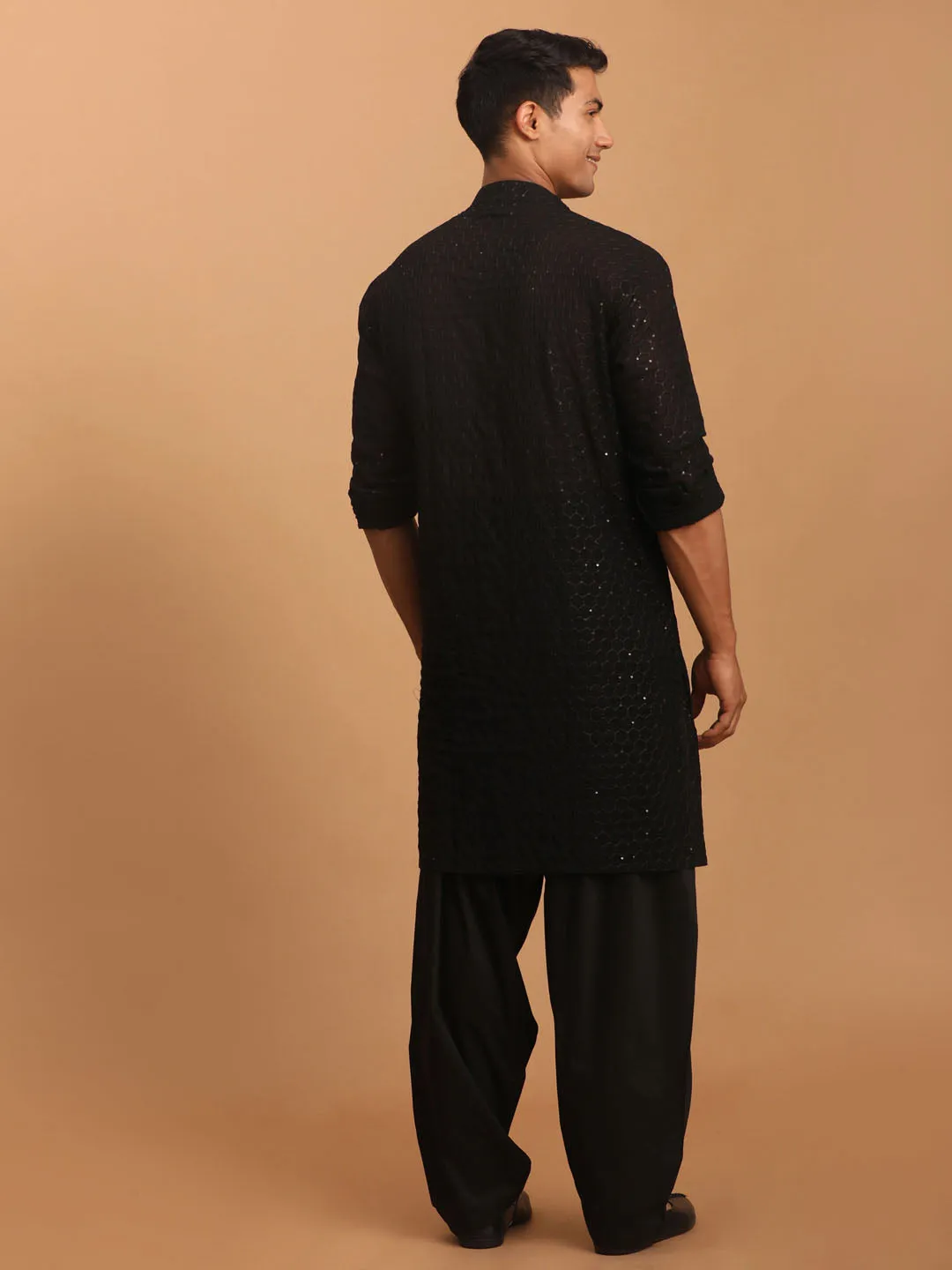 Jashvi Men's Black Sequined Front Open Georgette Kurta With Patiala And Dupatta Set