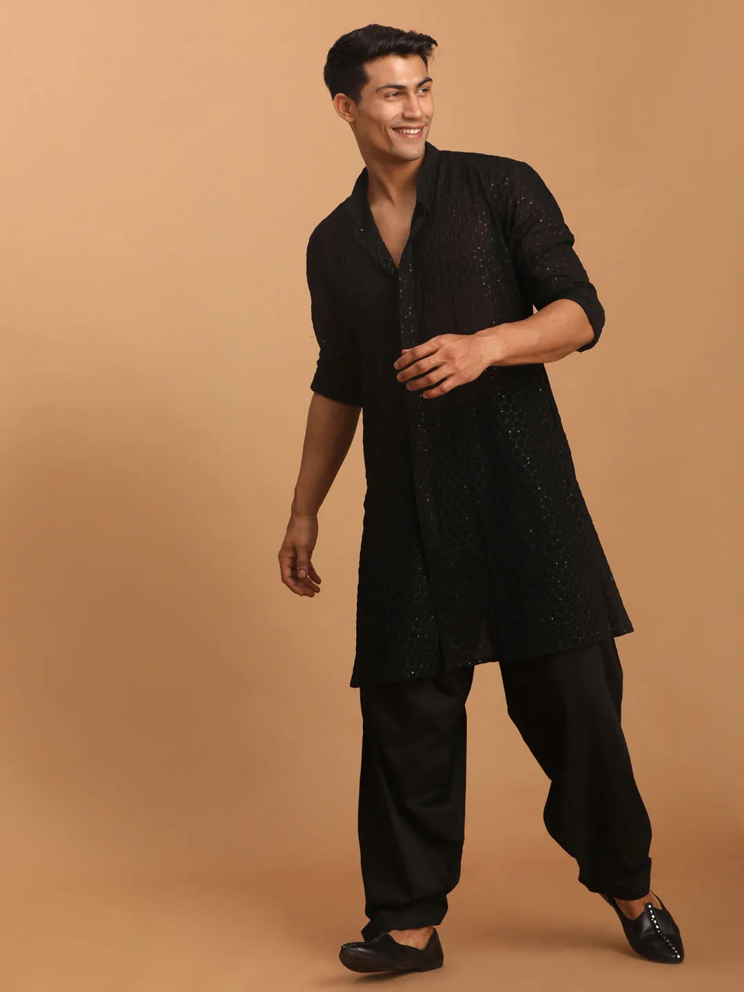 Jashvi Men's Black Sequined Front Open Georgette Kurta With Patiala And Dupatta Set