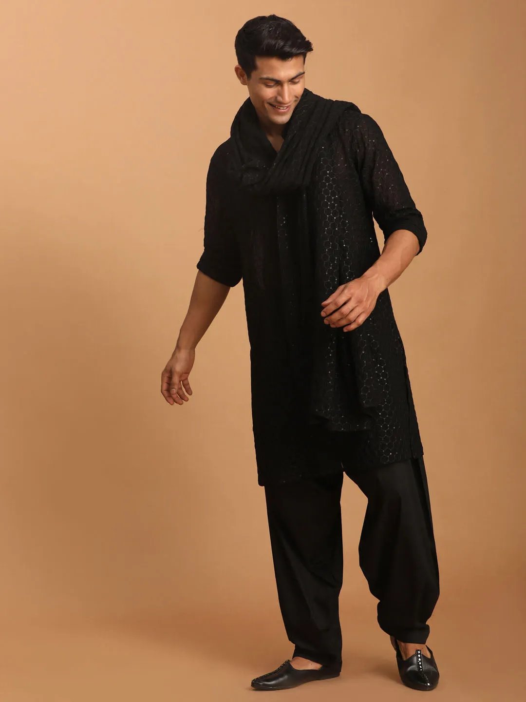 Jashvi Men's Black Sequined Front Open Georgette Kurta With Patiala And Dupatta Set