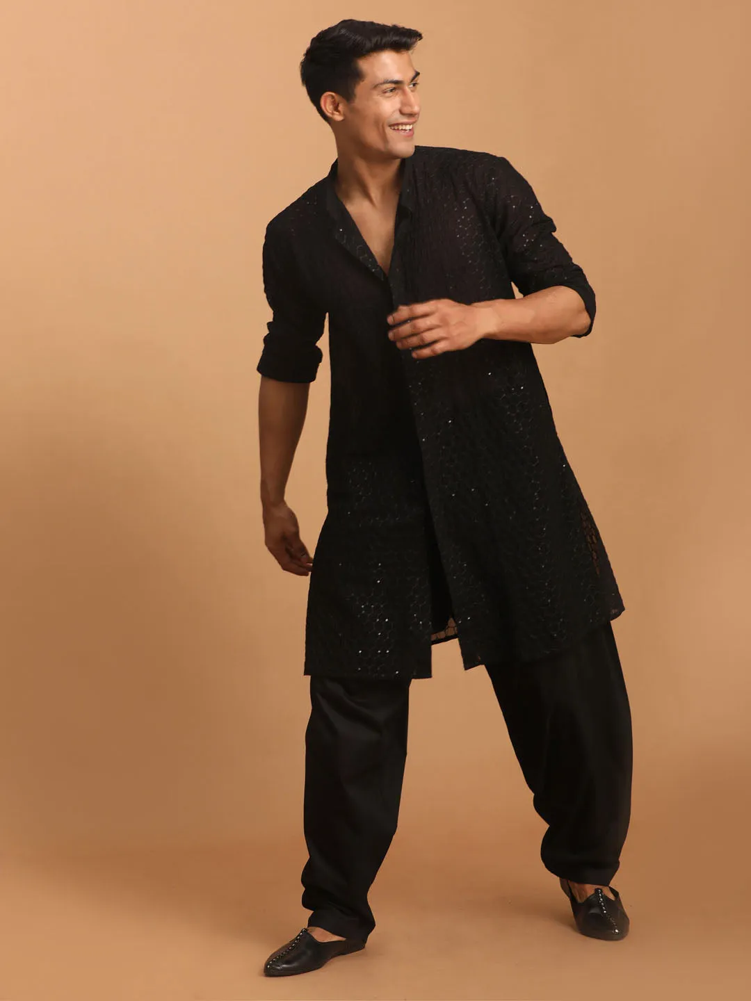 Jashvi Men's Black Sequined Front Open Georgette Kurta With Patiala