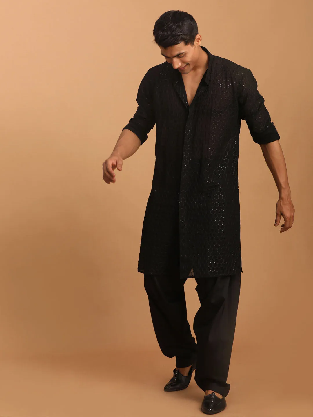 Jashvi Men's Black Sequined Front Open Georgette Kurta With Patiala