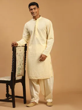 Jashvi Men's Cream Embroidery Worked Georgette Kurta With Cream Patiala Set