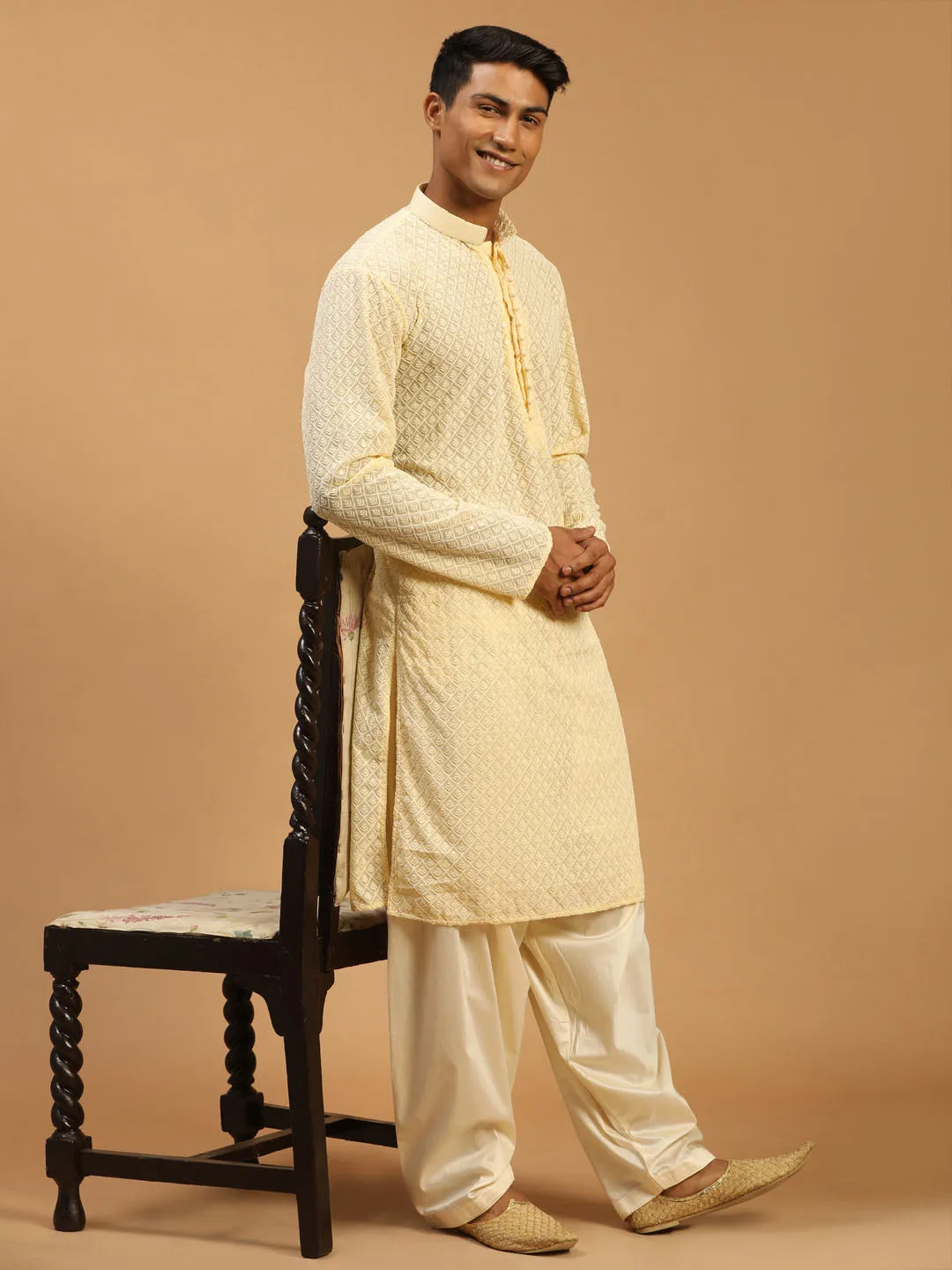 Jashvi Men's Cream Embroidery Worked Georgette Kurta With Cream Patiala Set