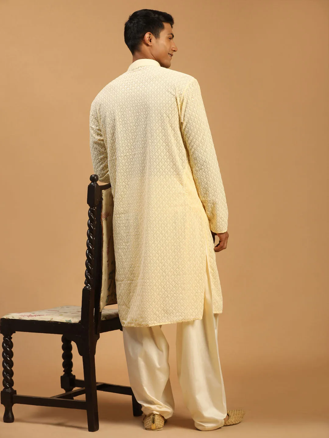 Jashvi Men's Cream Embroidery Worked Georgette Kurta With Cream Patiala Set