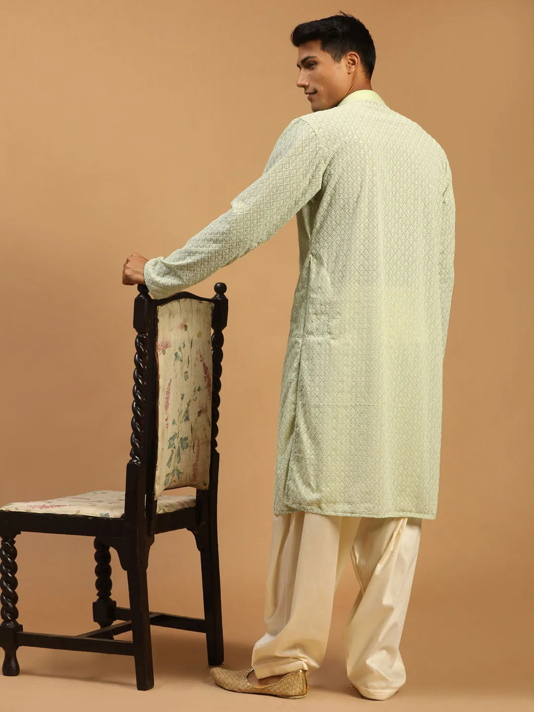 Jashvi Men's Green Embroidery Worked Georgette Kurta With Cream Patiala Set