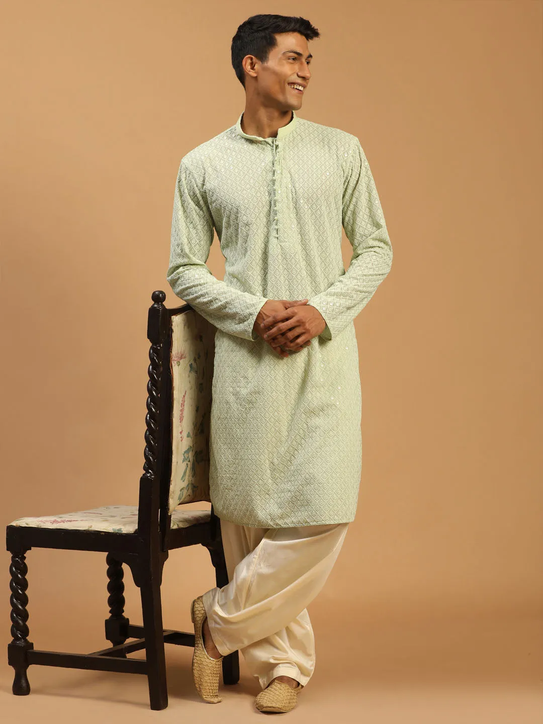 Jashvi Men's Green Embroidery Worked Georgette Kurta With Cream Patiala Set