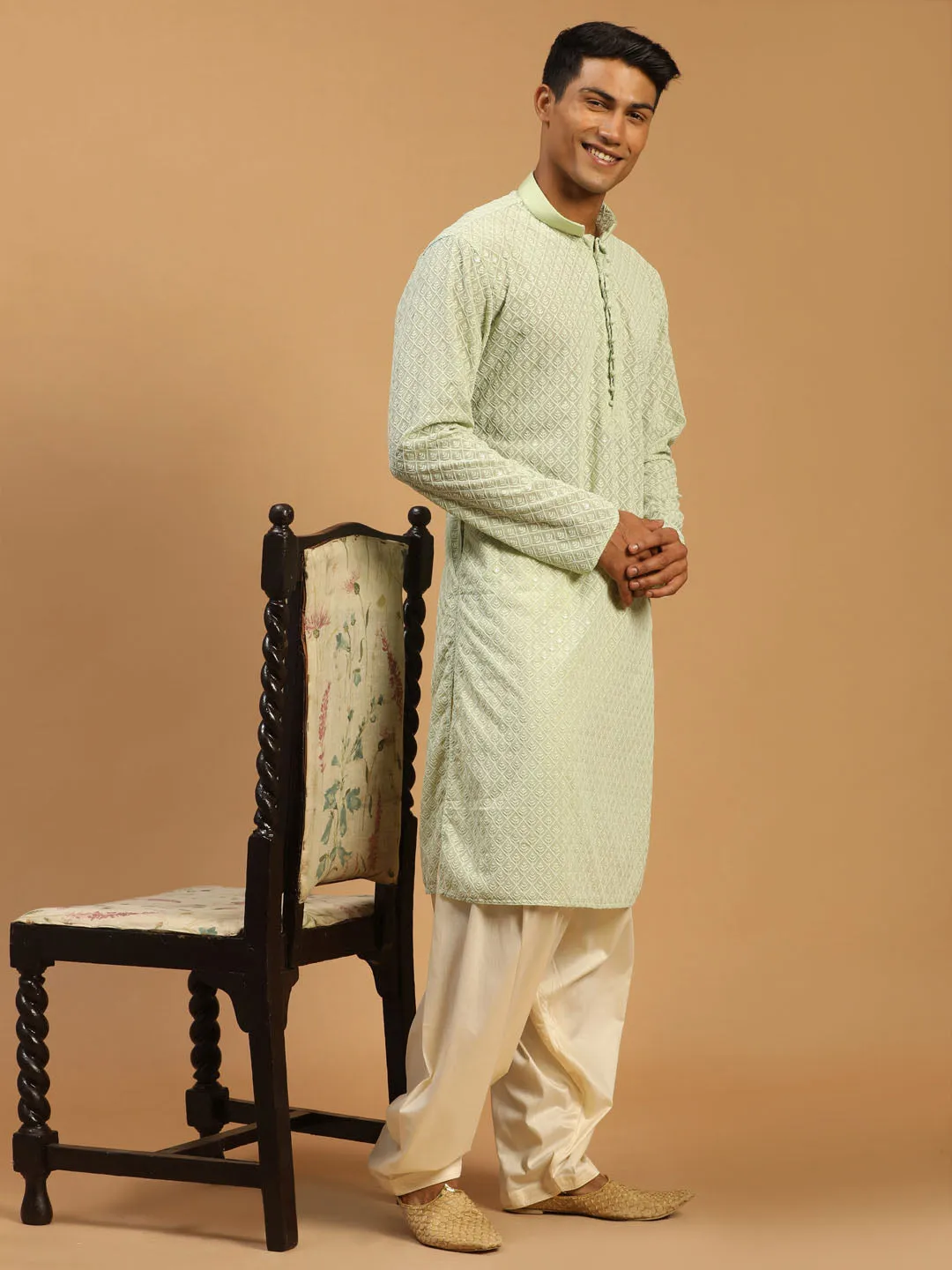 Jashvi Men's Green Embroidery Worked Georgette Kurta With Cream Patiala Set