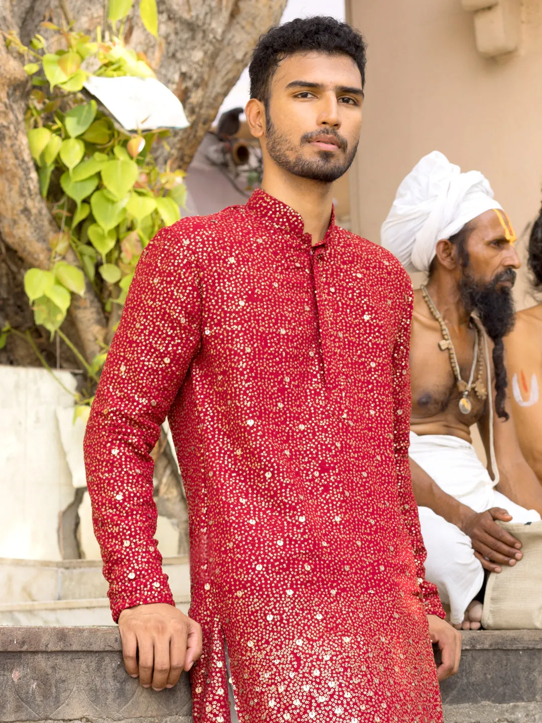 Jashvi Men's Maroon Georgette Zari With Sequins Worked Kurta Patiala Set