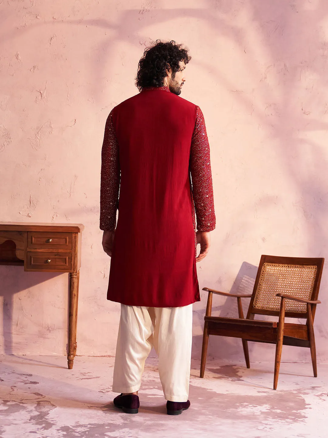 Jashvi Men's Maroon Georgette Zari With Sequins Worked Kurta Patiala Set