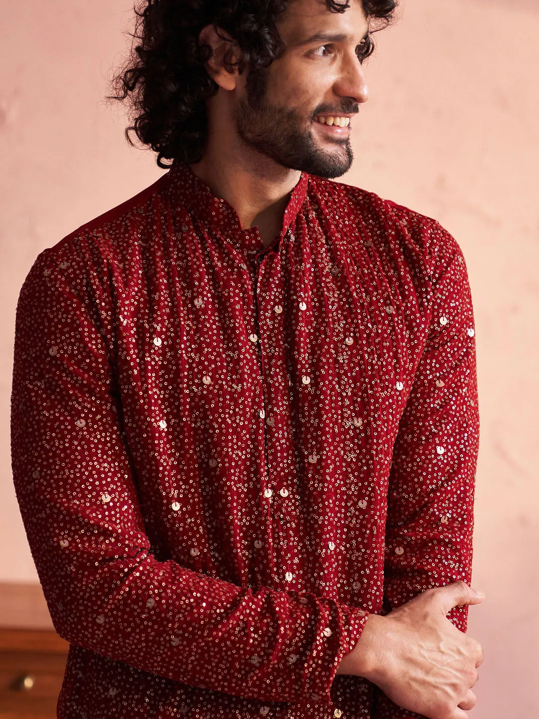 Jashvi Men's Maroon Georgette Zari With Sequins Worked Kurta Patiala Set