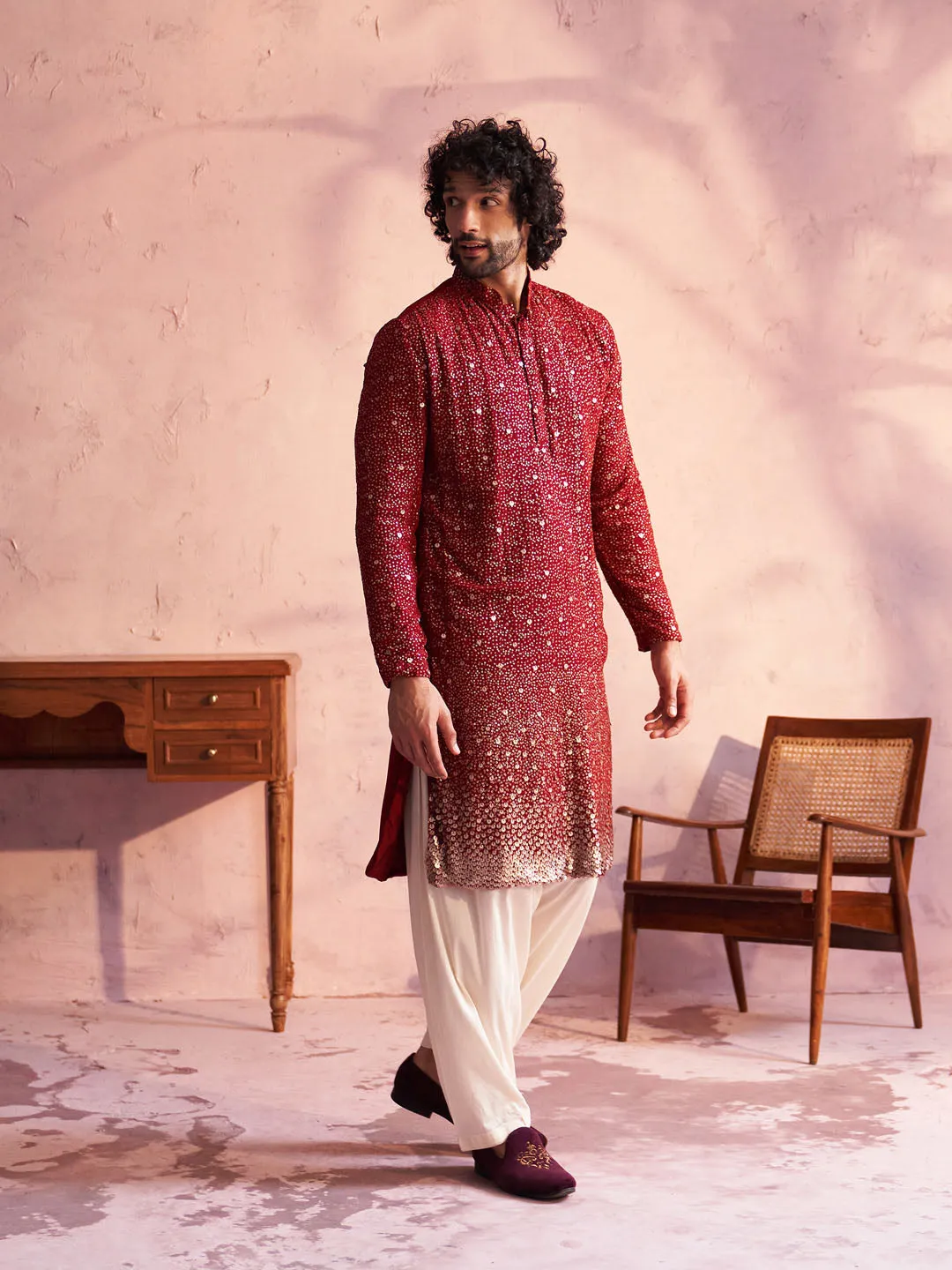 Jashvi Men's Maroon Georgette Zari With Sequins Worked Kurta Patiala Set