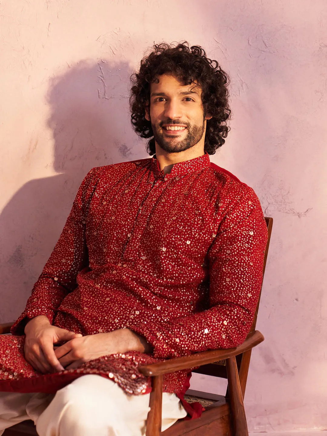 Jashvi Men's Maroon Georgette Zari With Sequins Worked Kurta Patiala Set