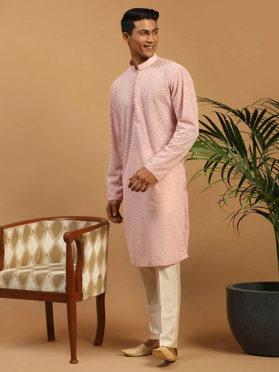 Jashvi Men's Pink Embroidery Worked Georgette Kurta With Cream Pant Style Pyjama set