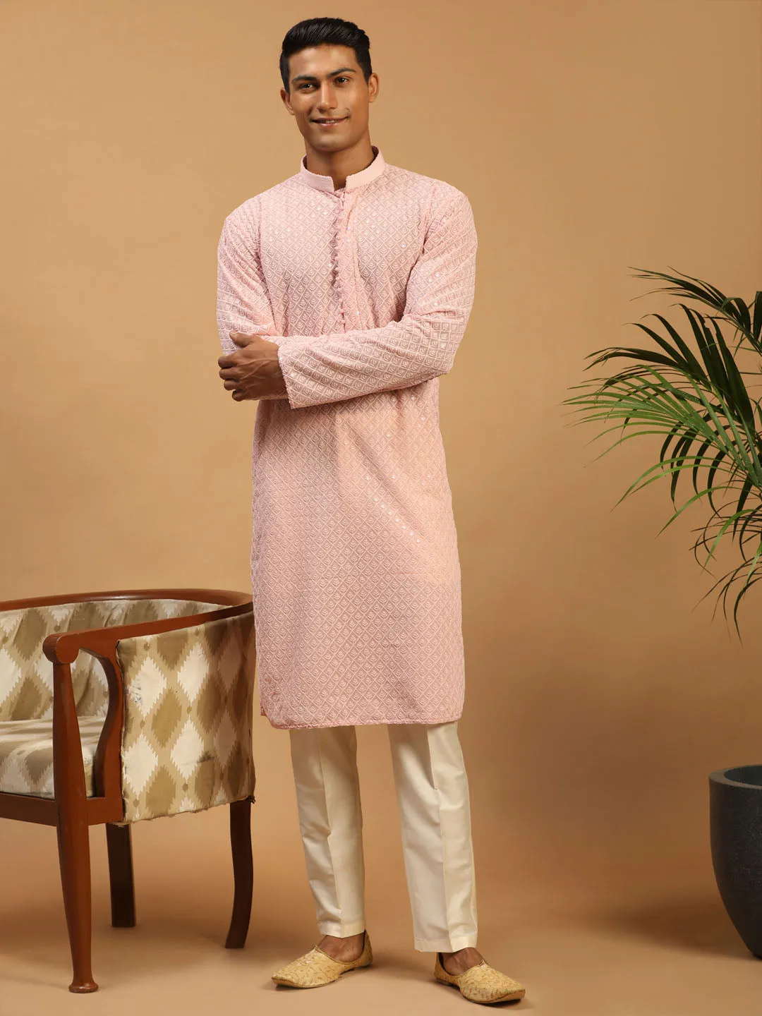 Jashvi Men's Pink Embroidery Worked Georgette Kurta With Cream Pant Style Pyjama set