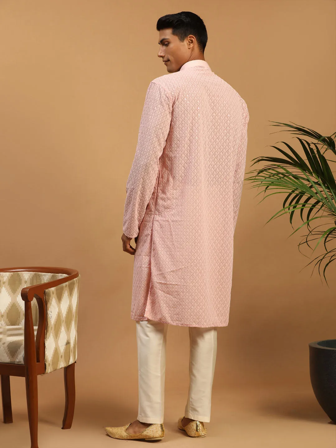 Jashvi Men's Pink Embroidery Worked Georgette Kurta With Cream Pant Style Pyjama set