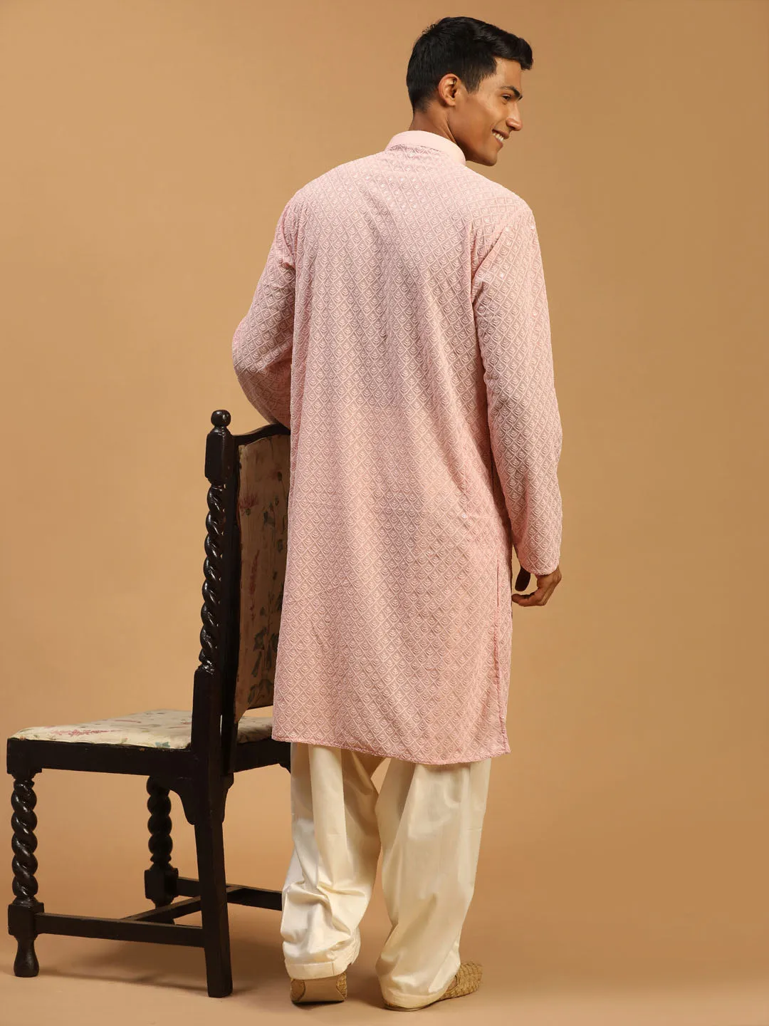 Jashvi Men's Pink Embroidery Worked Georgette Kurta With Cream Patiala Set