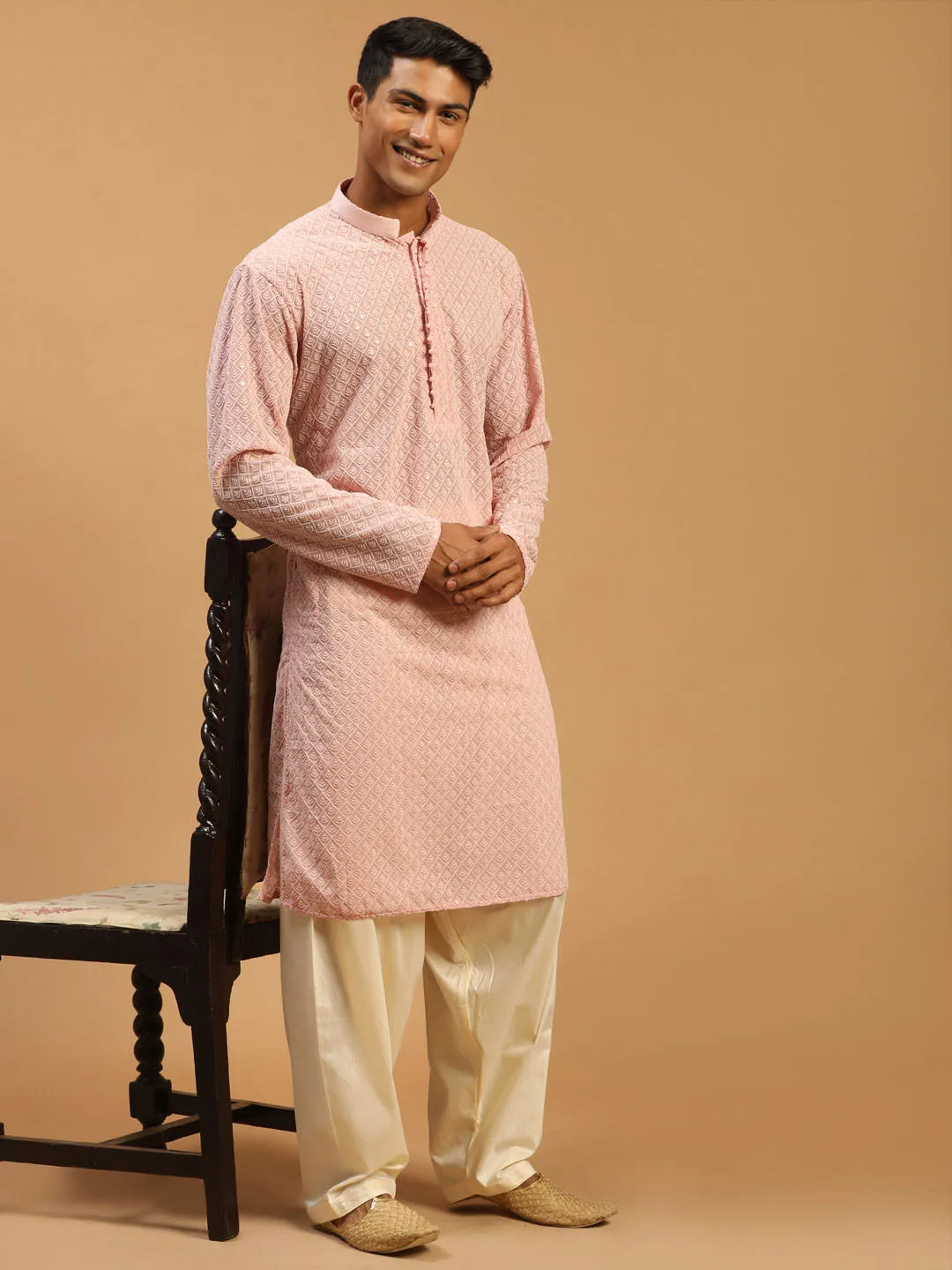 Jashvi Men's Pink Embroidery Worked Georgette Kurta With Cream Patiala Set