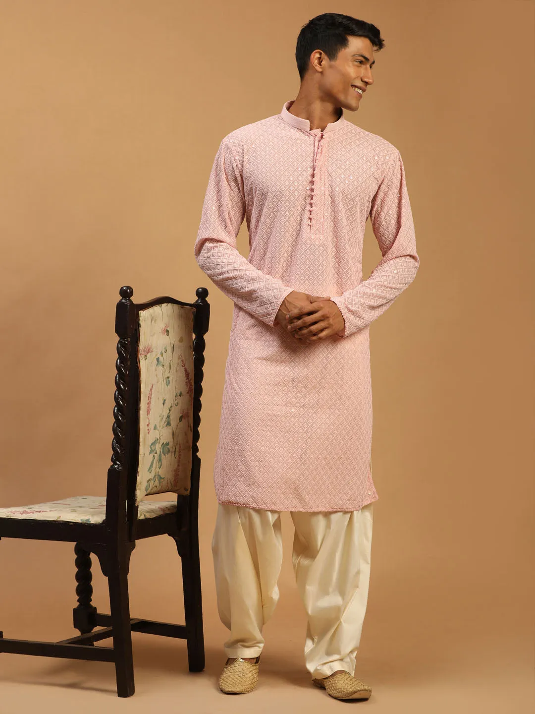 Jashvi Men's Pink Embroidery Worked Georgette Kurta With Cream Patiala Set