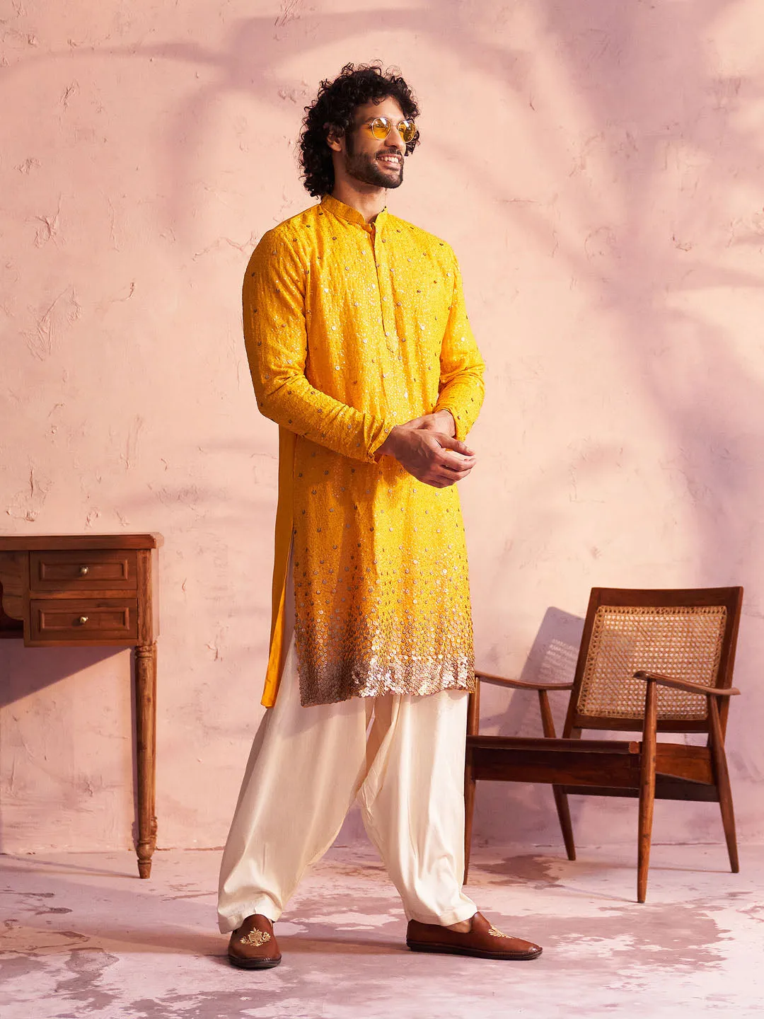 Jashvi Men's Yellow Georgette Zari With Sequins Worked Kurta Patiala Set