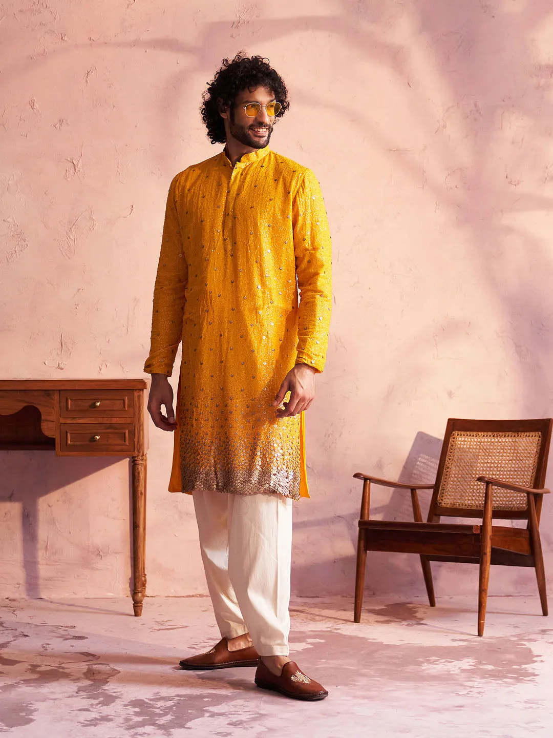 Jashvi Men's Yellow Georgette Zari With Sequins Worked Kurta Patiala Set