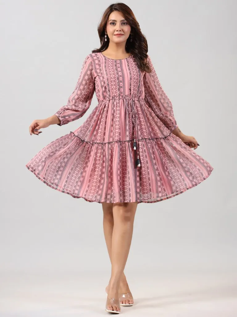 Jashvi Peach Geometric Printed Georgette Short Tiered Dress With Sequins Work