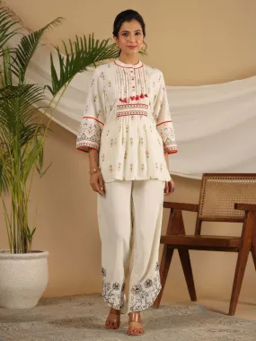 Jashvi  Rayon Ivory Tribal Printed A-Line Pleated Co-Ord Set With Sequenced Thread Work