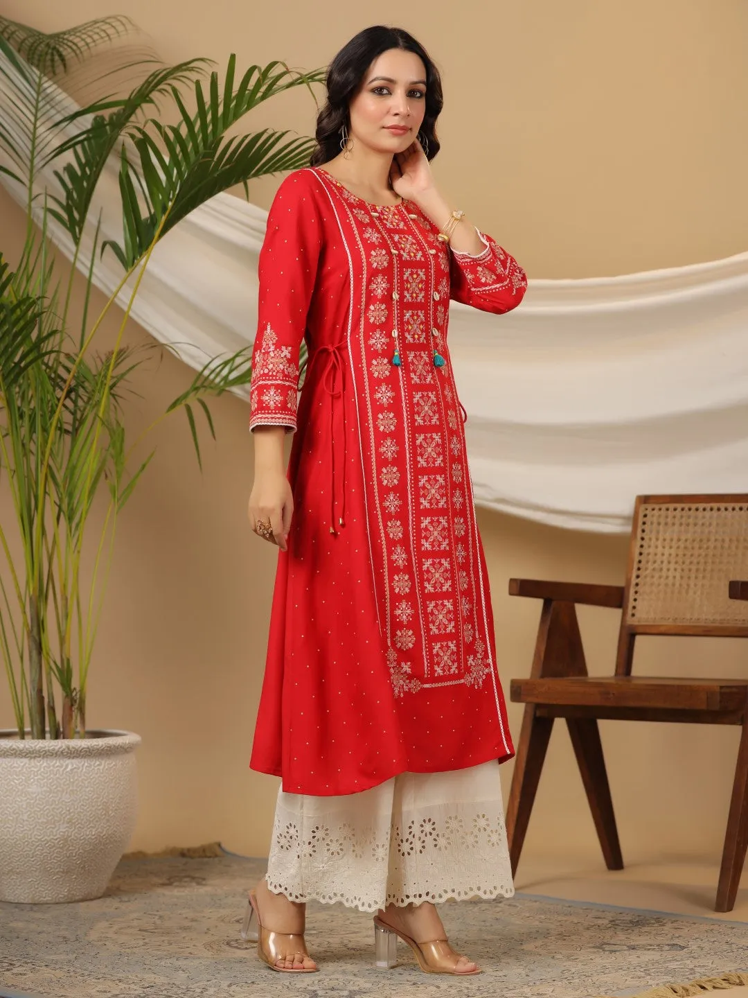 Jashvi The Banjara Women Red Tribal Printed A-Lined Rayon Kurta With Contrast Tassels Sequins & Beadwork