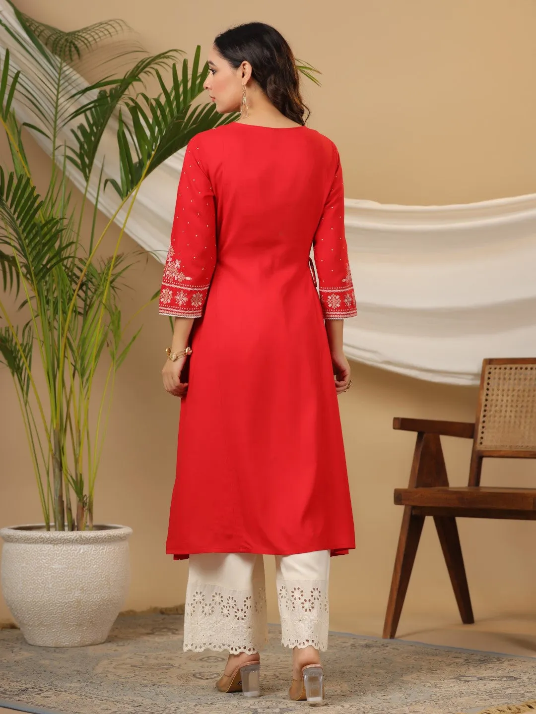 Jashvi The Banjara Women Red Tribal Printed A-Lined Rayon Kurta With Contrast Tassels Sequins & Beadwork