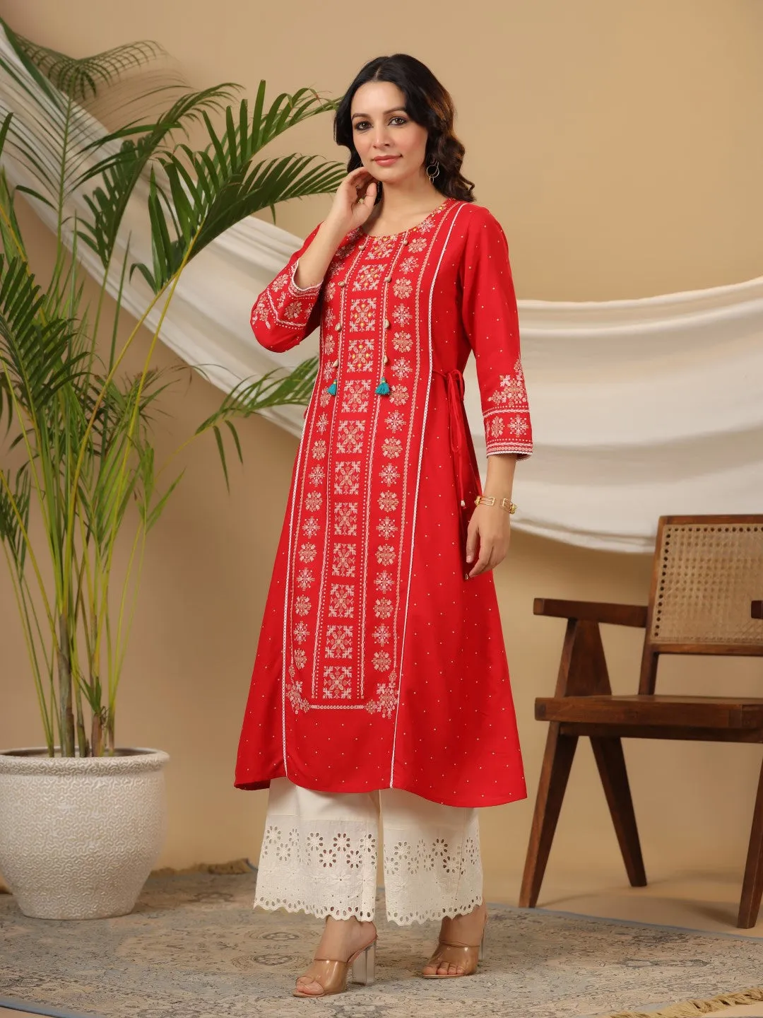 Jashvi The Banjara Women Red Tribal Printed A-Lined Rayon Kurta With Contrast Tassels Sequins & Beadwork