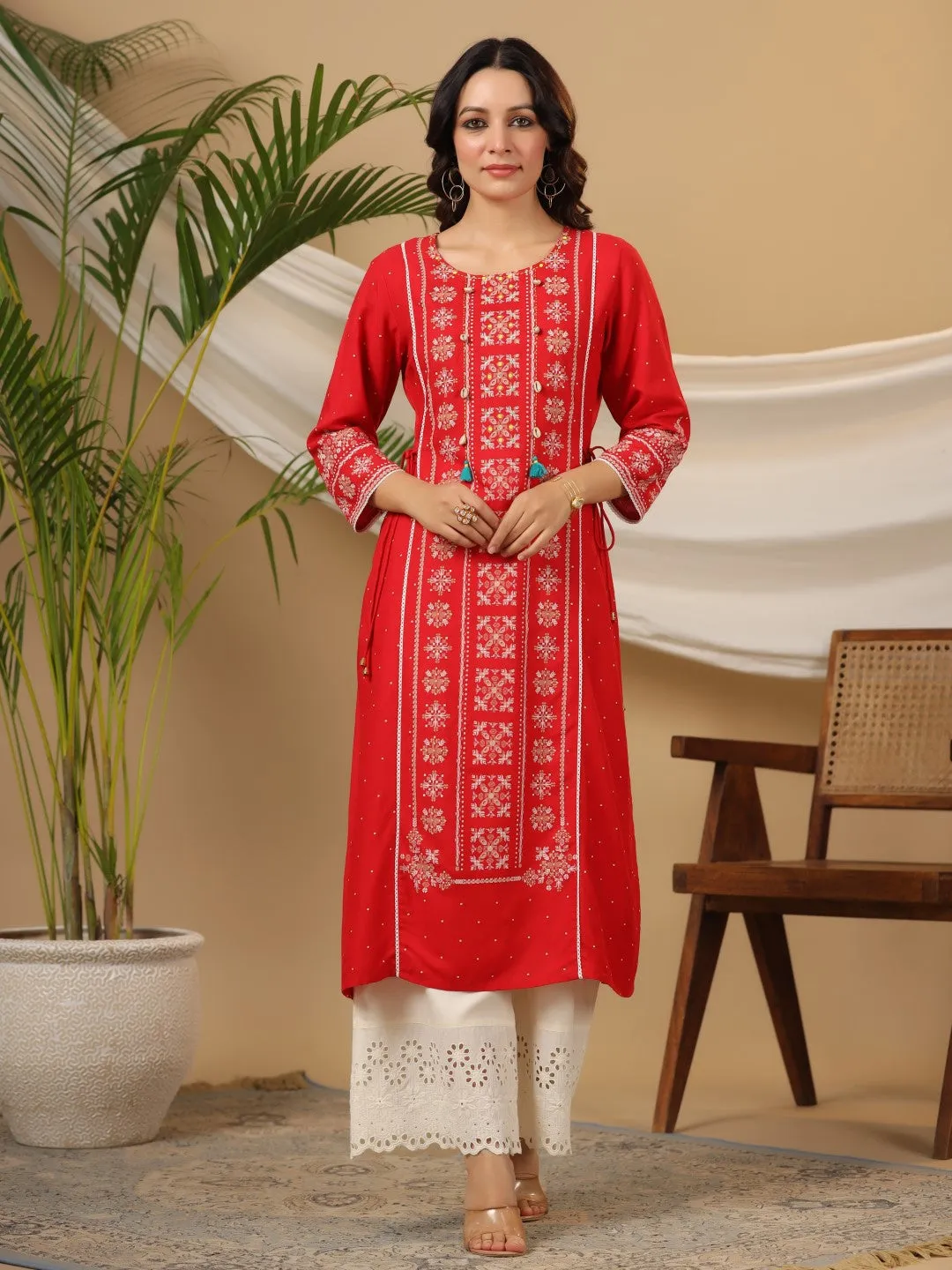 Jashvi The Banjara Women Red Tribal Printed A-Lined Rayon Kurta With Contrast Tassels Sequins & Beadwork