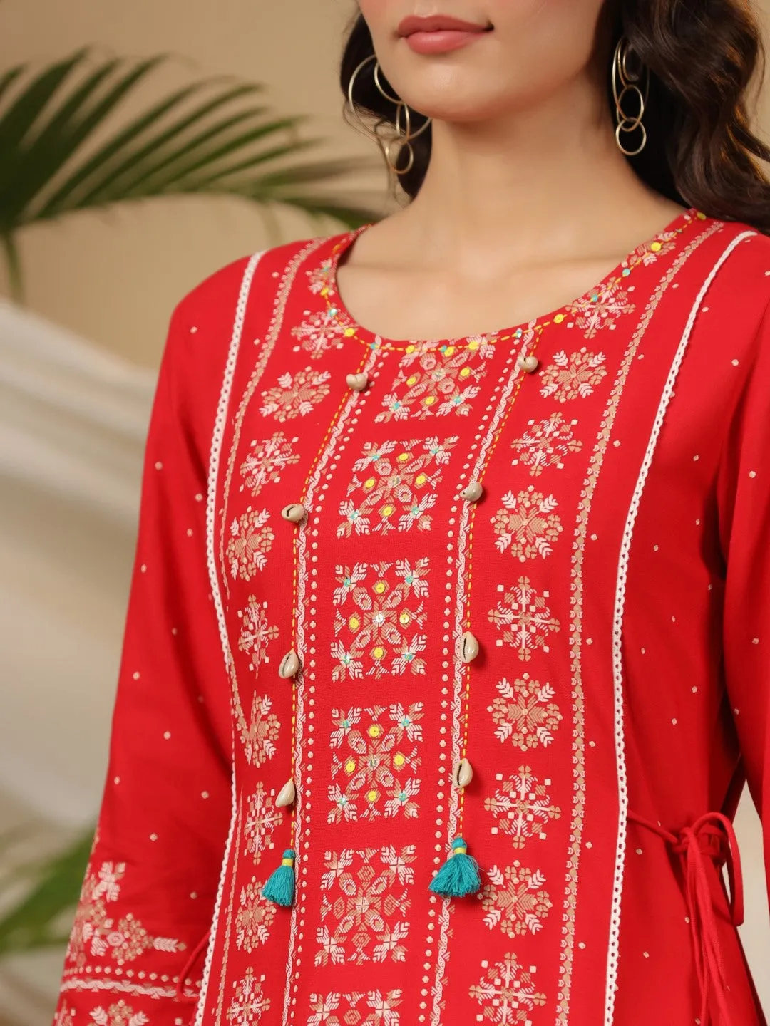 Jashvi The Banjara Women Red Tribal Printed A-Lined Rayon Kurta With Contrast Tassels Sequins & Beadwork