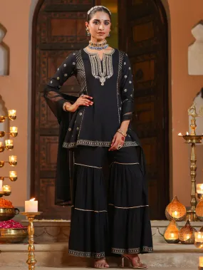 Jashvi Women Black Rayon Printed Kurta, Sharara & Dupatta Set