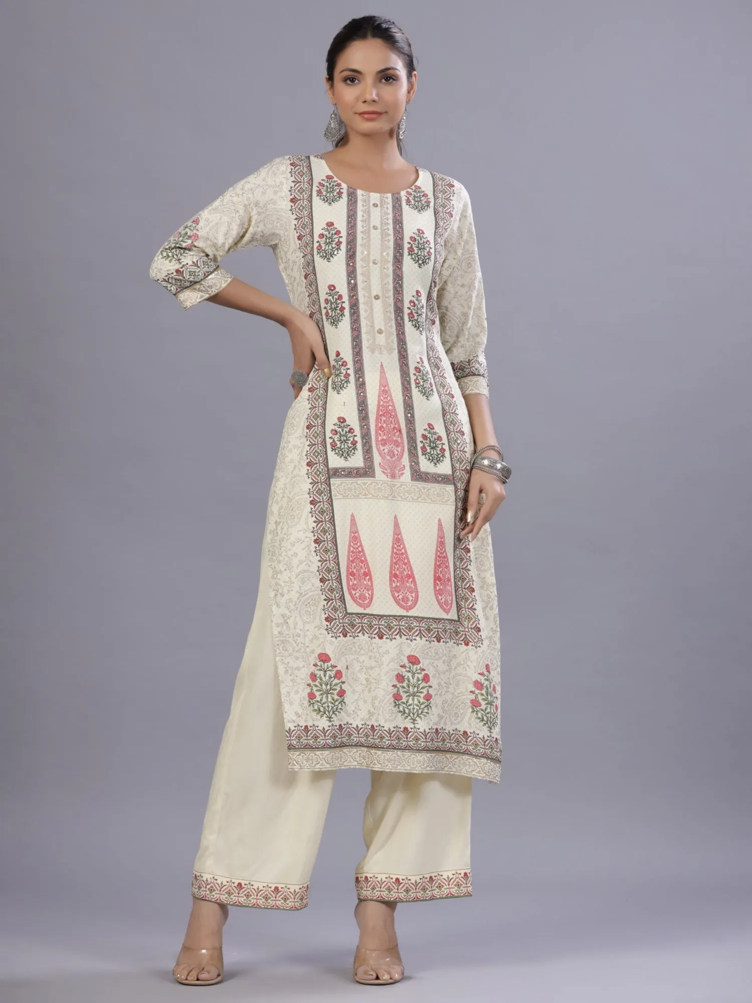 Jashvi Yellow Ethnic Printed Rayon Kurta Pants and Dupatta Set