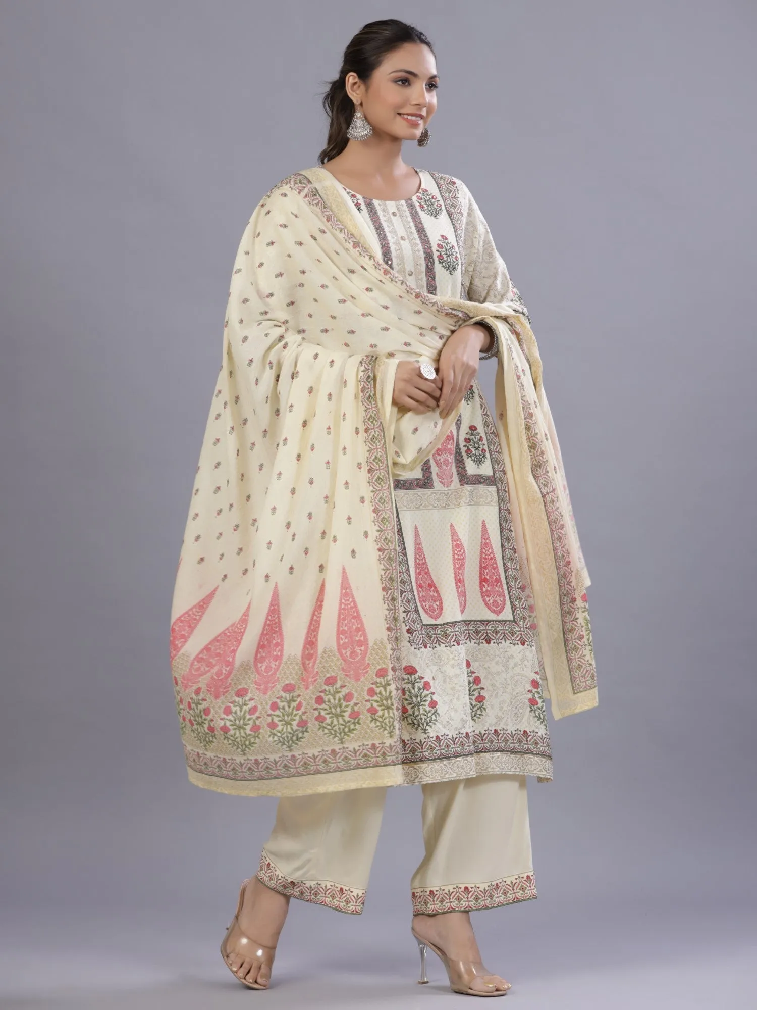 Jashvi Yellow Ethnic Printed Rayon Kurta Pants and Dupatta Set