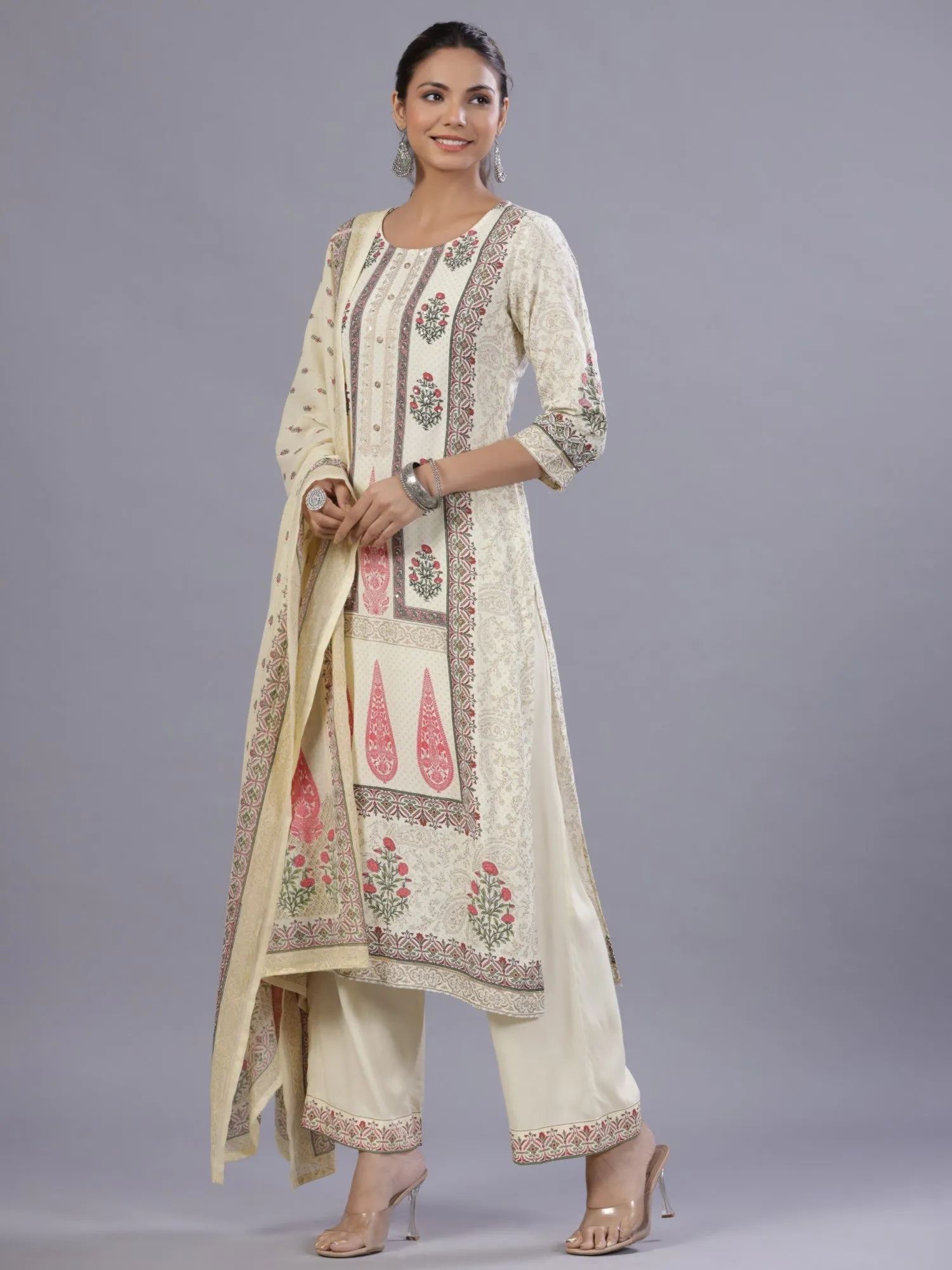 Jashvi Yellow Ethnic Printed Rayon Kurta Pants and Dupatta Set