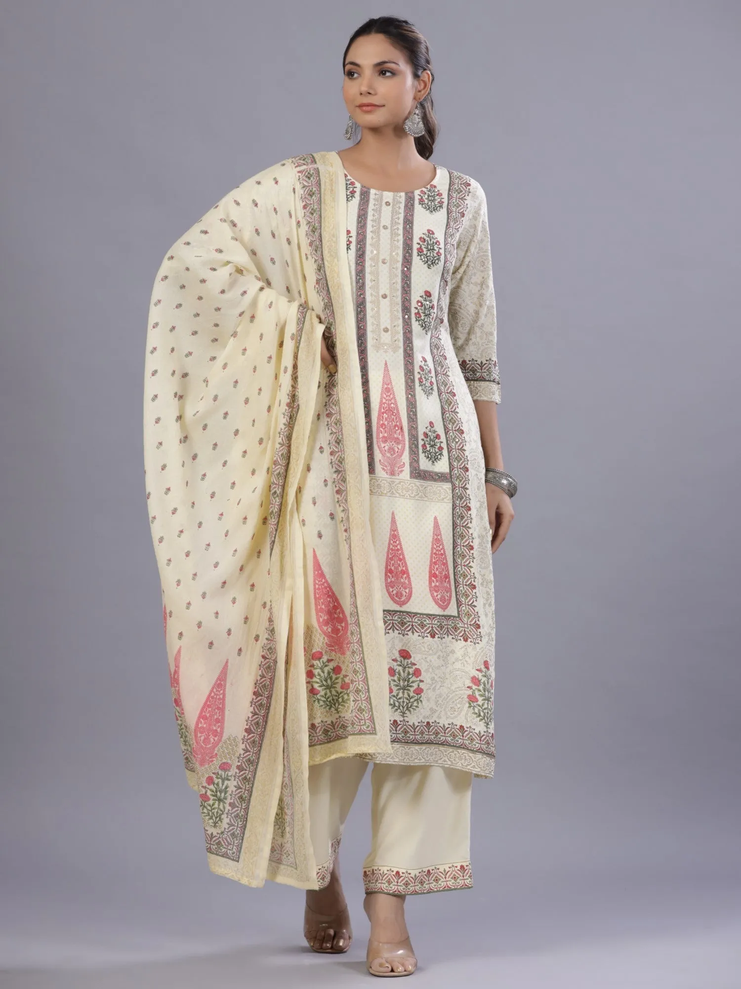 Jashvi Yellow Ethnic Printed Rayon Kurta Pants and Dupatta Set