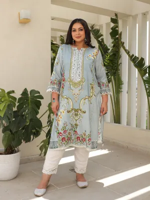 Juniper Grey Rayon Floral Printed Regular Plus Size Kurta With Beadwork