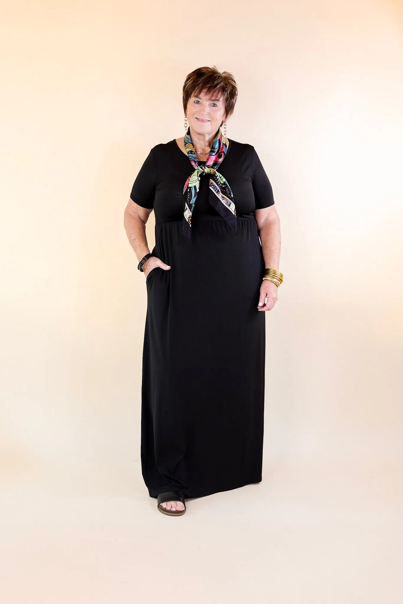 Just Landed Short Sleeve Babydoll Maxi Dress in Black