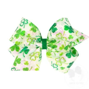 King White Sequined Shamrock Print Girls Hair Bow