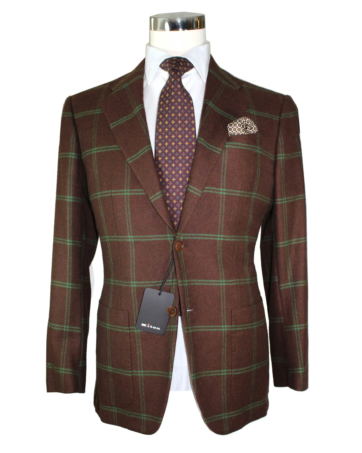 Kiton Cashmere Sport Coat Maroon Green Windowpane 2 Button EUR 50/ US 40 R SALE