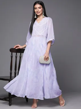 Lavender & White Floral Printed High Slit Sequined Kurta with Palazzos