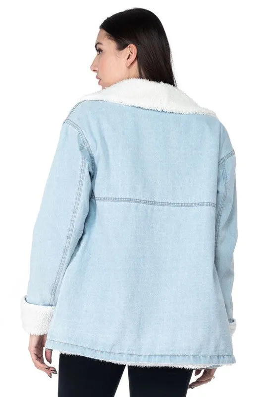 Light Blue Long Sleeve Jacket With Sherpa Lining