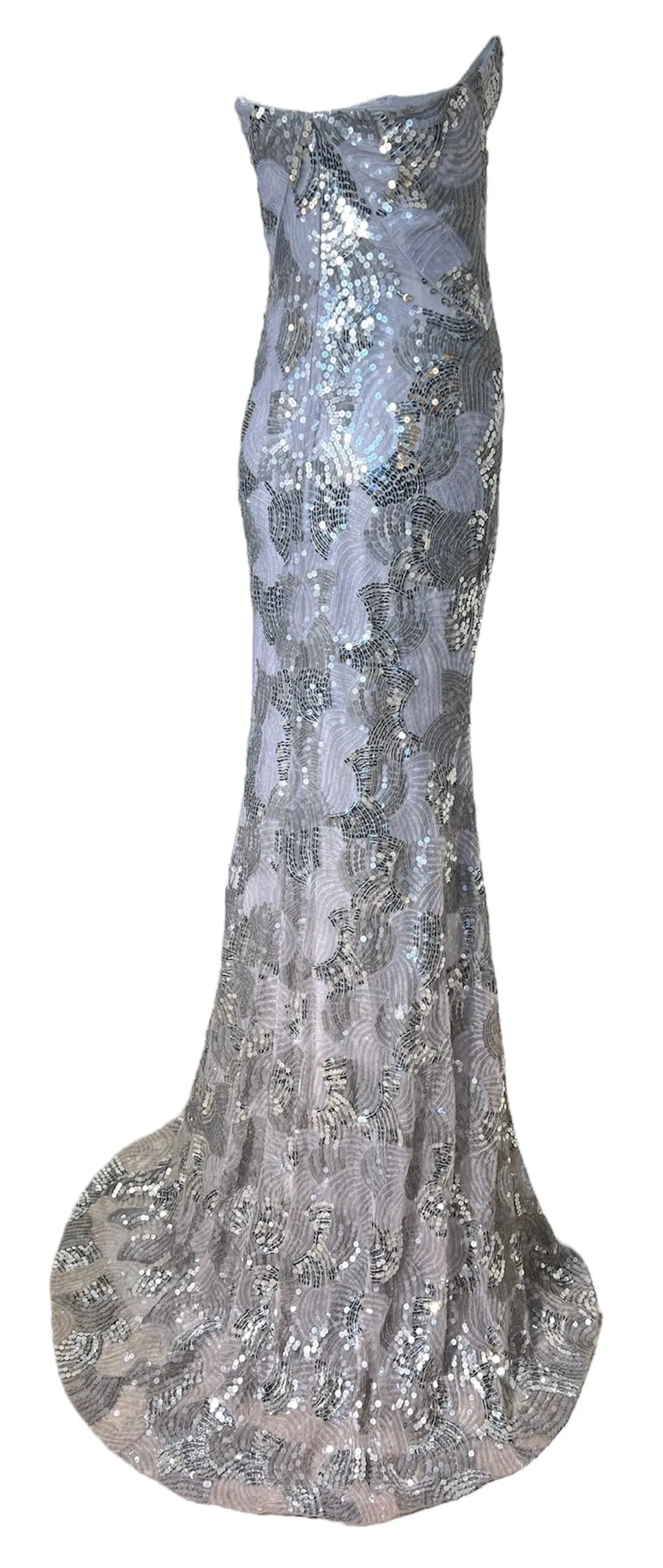 Lorena Sarbu Silver Sequin Strapless Red Carpet Gown