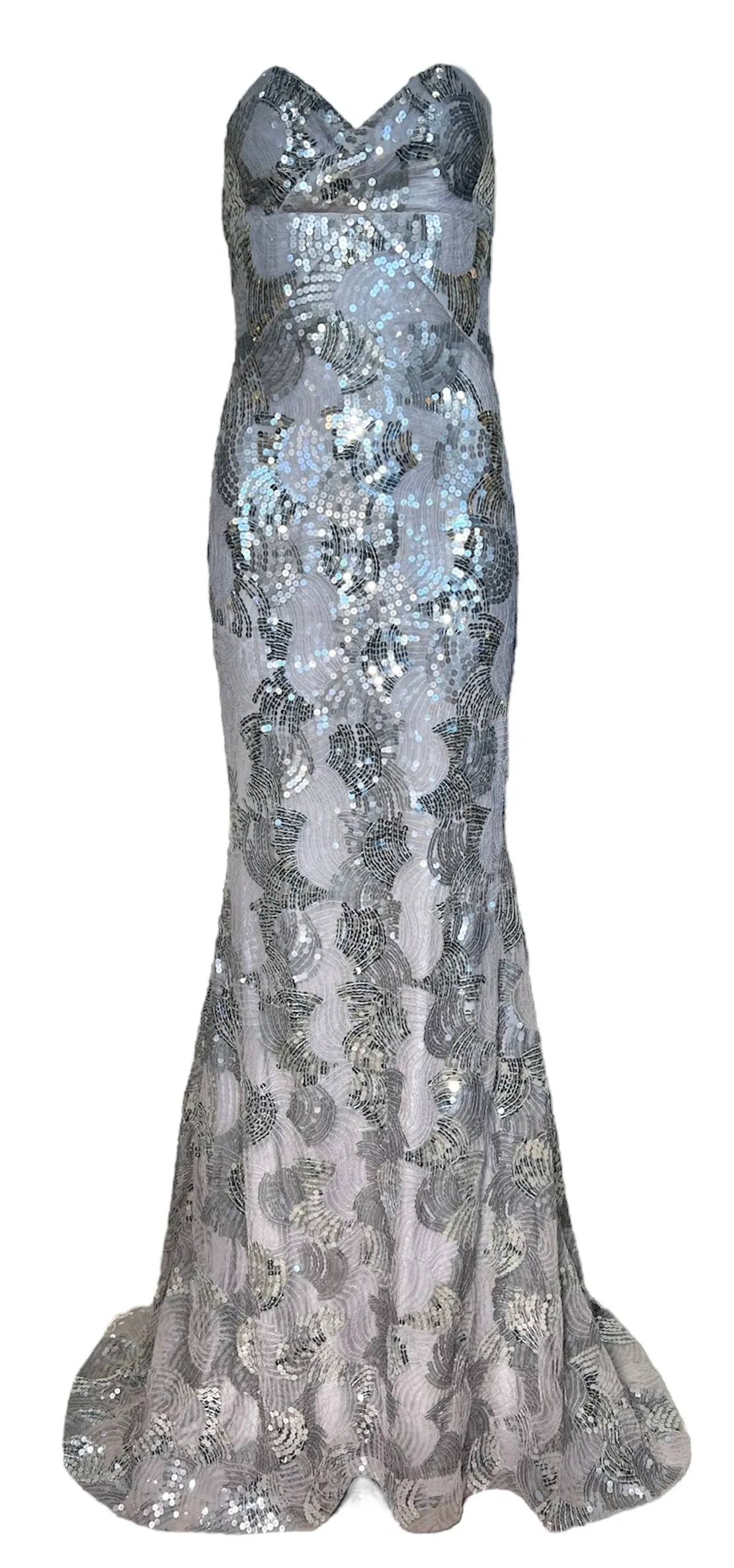 Lorena Sarbu Silver Sequin Strapless Red Carpet Gown