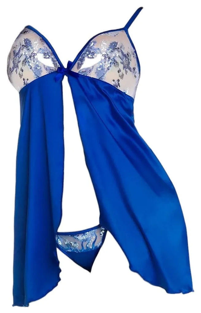 Mapale Holiday Front Opening Babydoll & Thong with Sequin Embroidered Mesh and Vibrant Satin Fantasy Blue