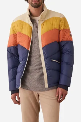 Marine Layer Colorblock Puffer Jacket in Blue/Orange Colorblock