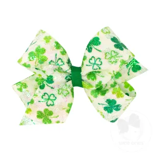 Medium White Sequined Shamrock Print Girls Hair Bow