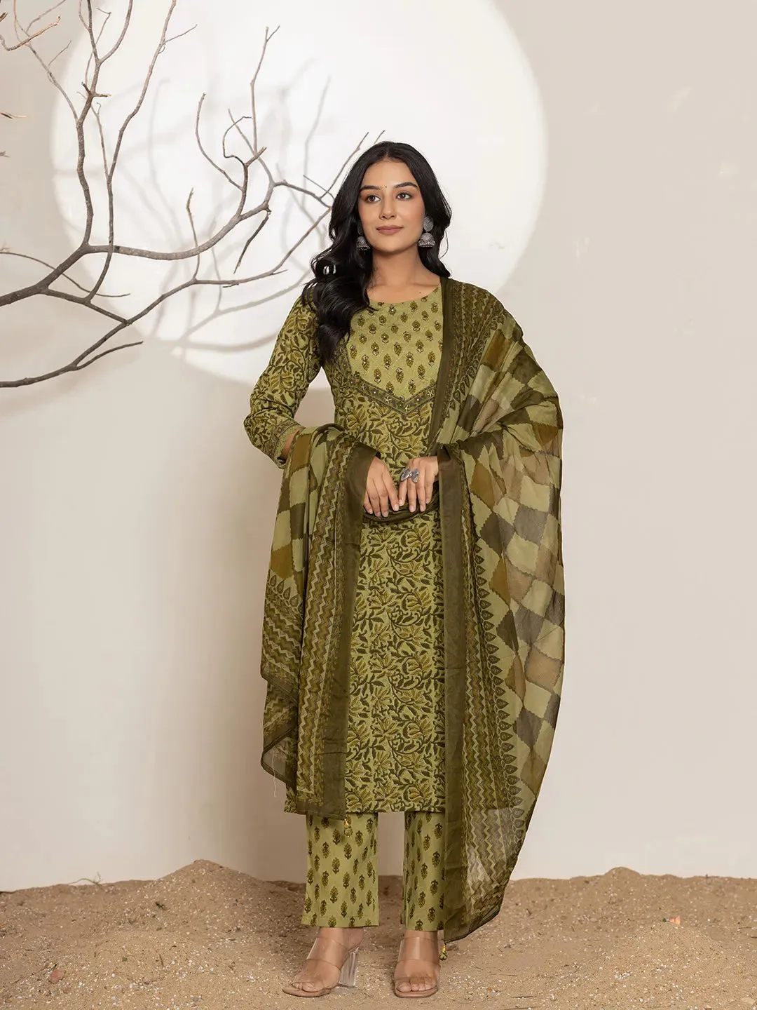 Mehendi Green Cotton Floral Print Straight Shape Suit Set with Voile Dupatta