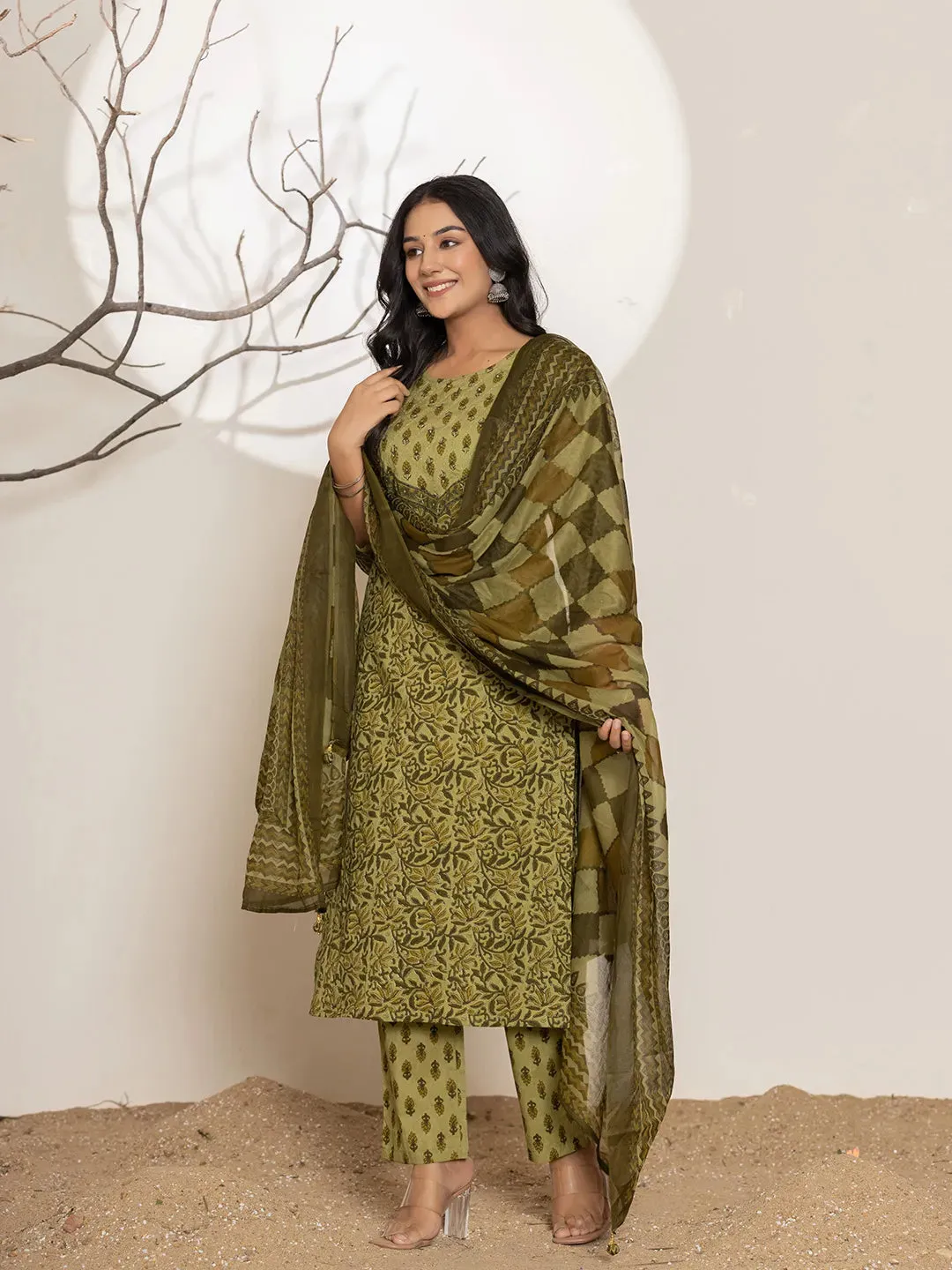 Mehendi Green Cotton Floral Print Straight Shape Suit Set with Voile Dupatta