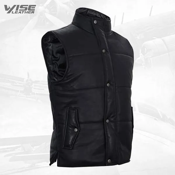 Men's Black Leather Puffer Padded Vest